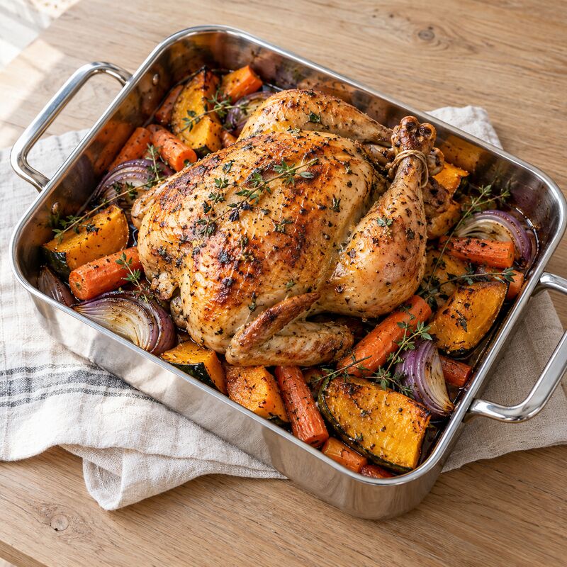 Roast chicken and root vegetables