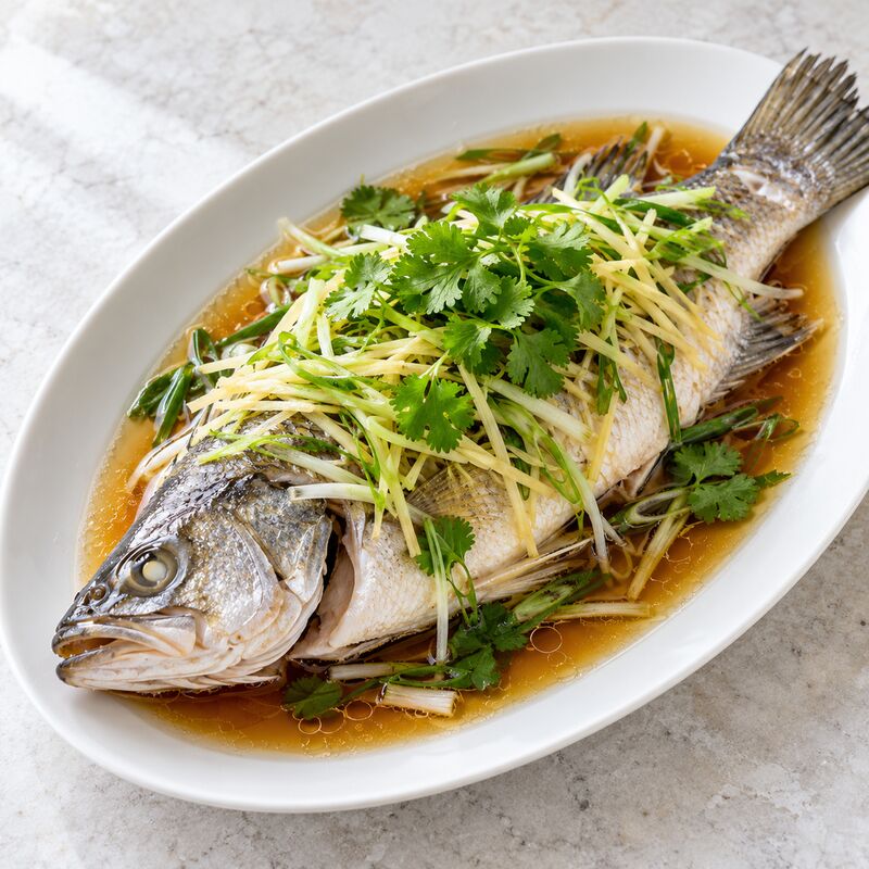 Steamed sea bass, ginger, spring onion