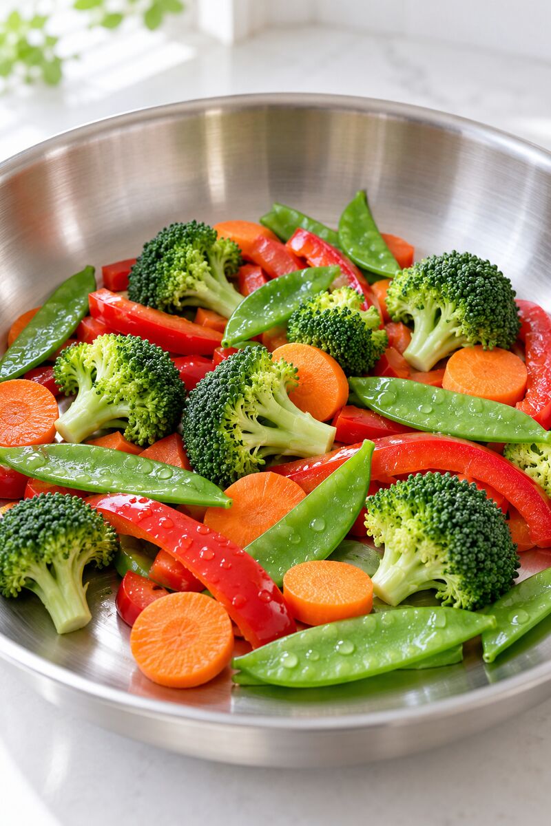 Fresh vegetables in a stainless steel pan